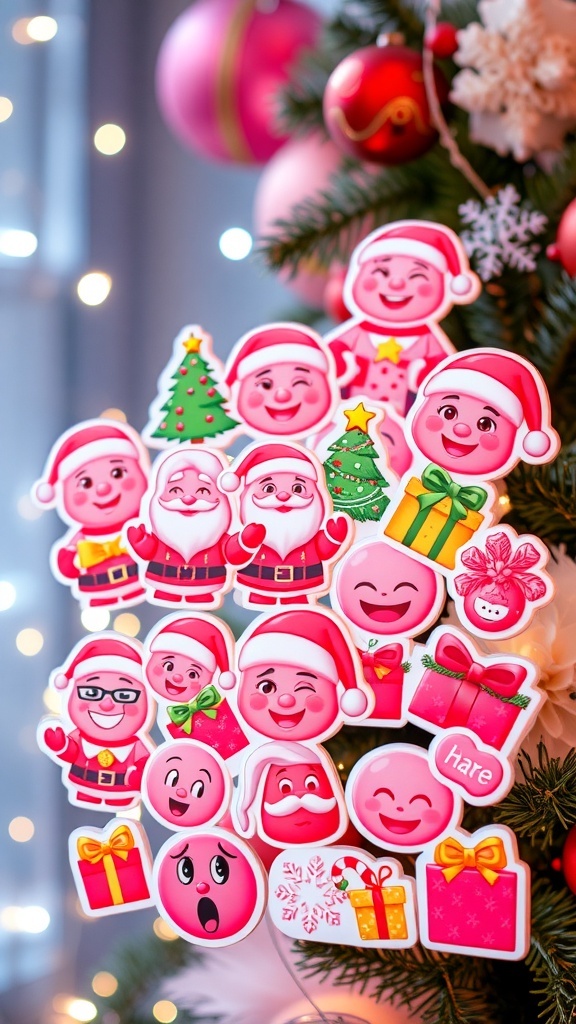 A colorful assortment of pink Christmas emoji stickers including Santa, trees, and gifts on a festive background.